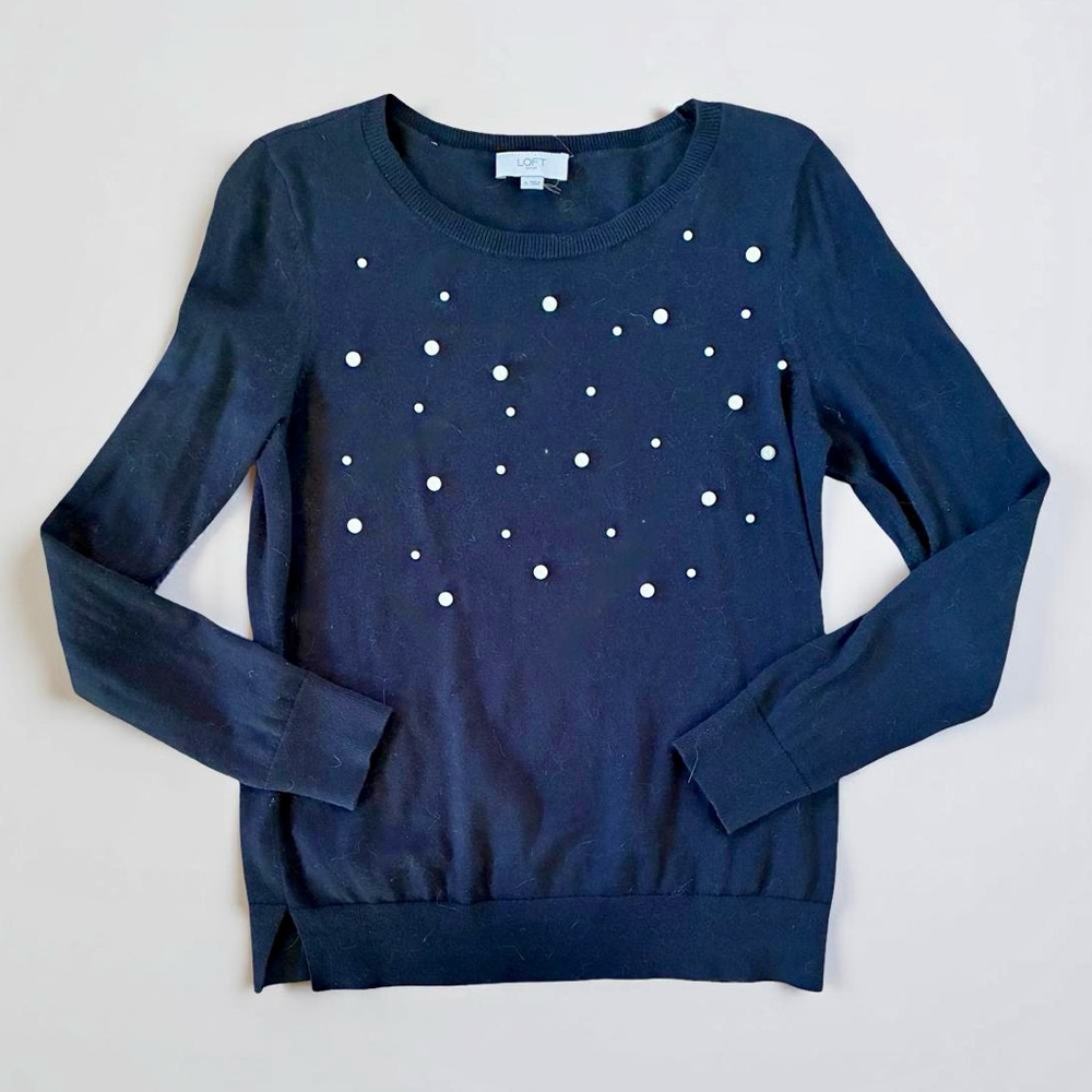 LOFT Black Crew Neck Sweater with Pearl Beading